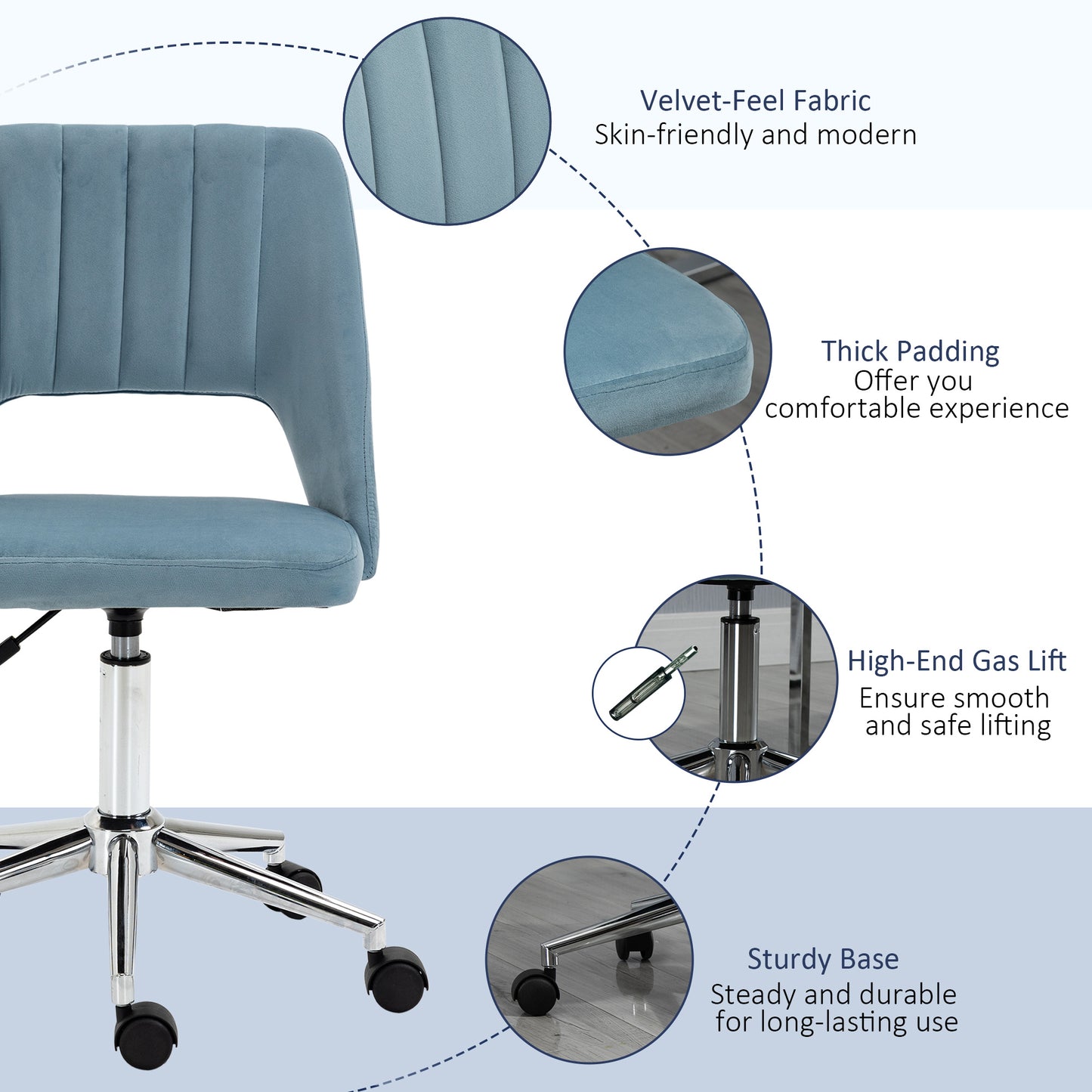 Chaise de bureau mi-hauteur velours forme festonnée pivotante