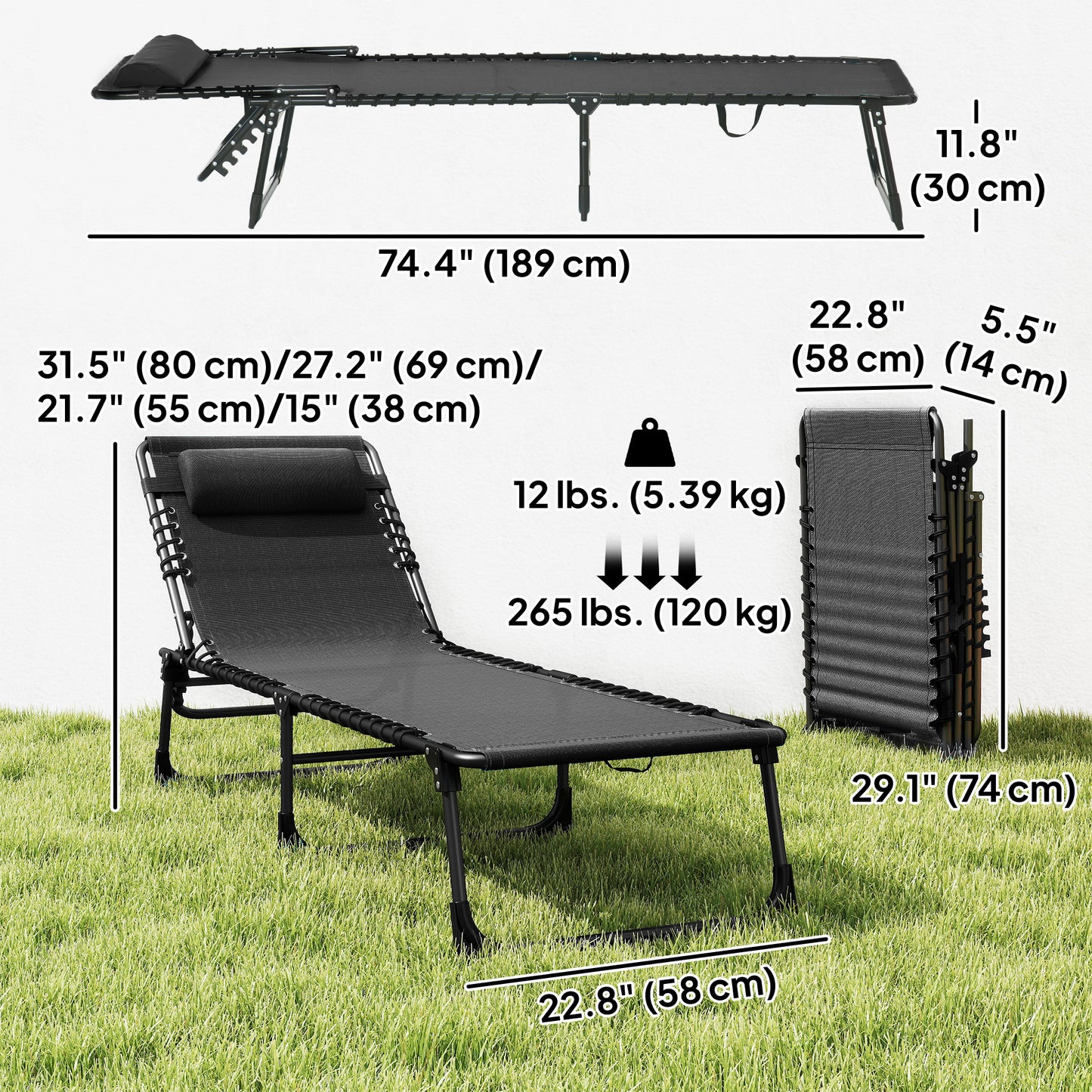 Chaise longue pliante réglable 4 positions avec appui-tête