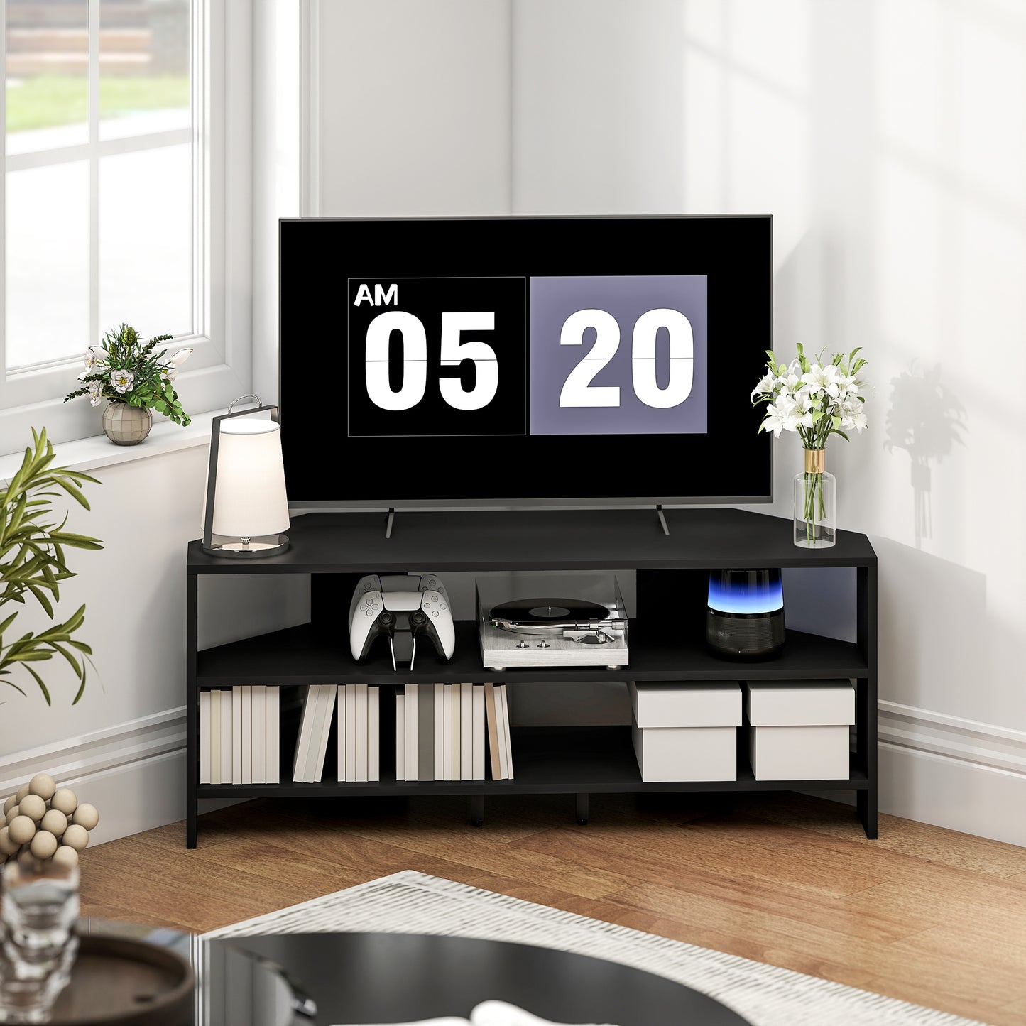 Meuble TV de coin avec 2 tablettes ouvertes