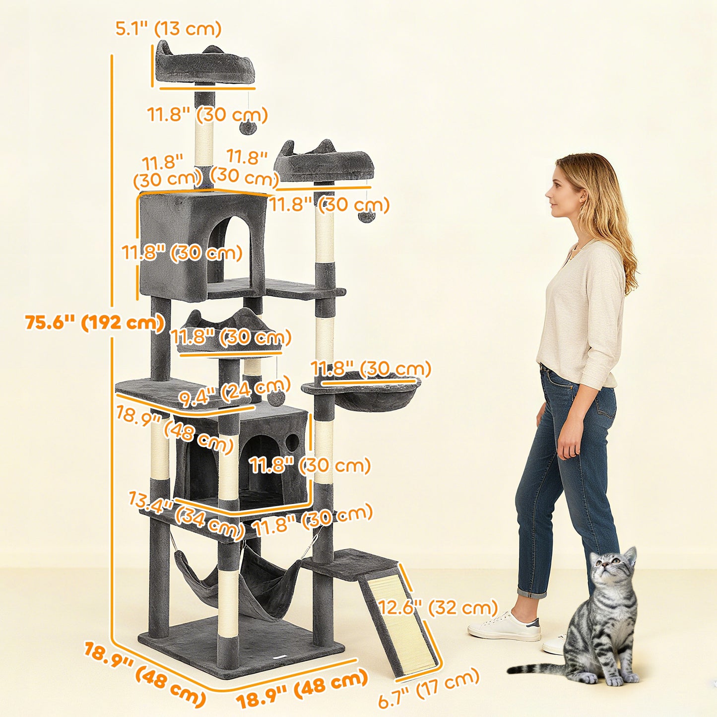 Arbre à chat multi-niveaux 192 cm avec 8 griffoirs