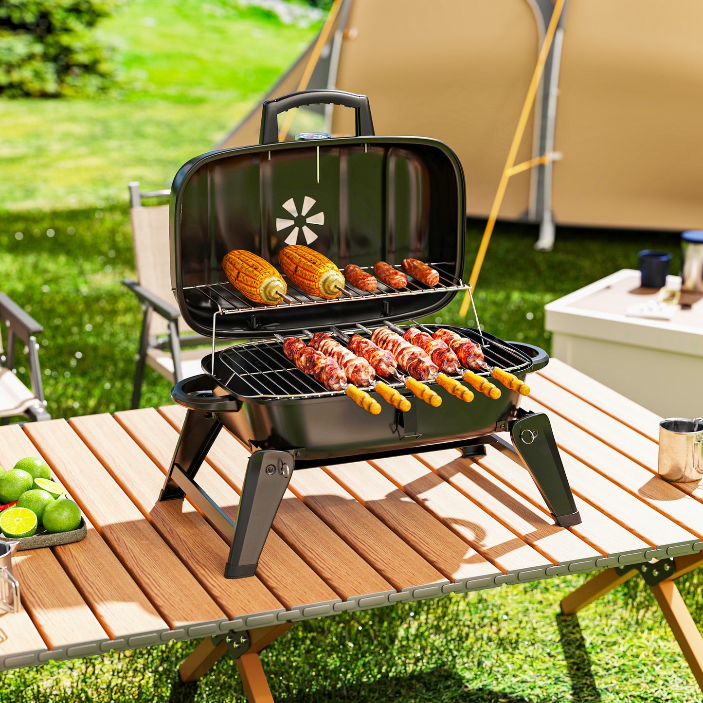 BBQ au charbon pliable avec grille de réchauffage