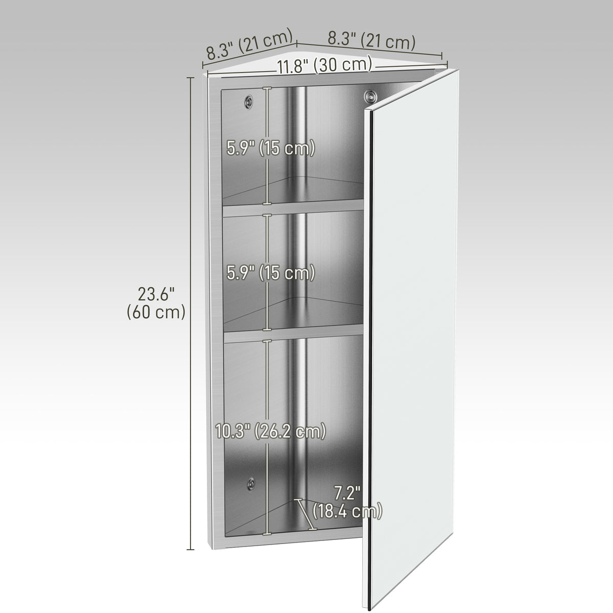 Armoire de toilette d'angle murale en acier inoxydable