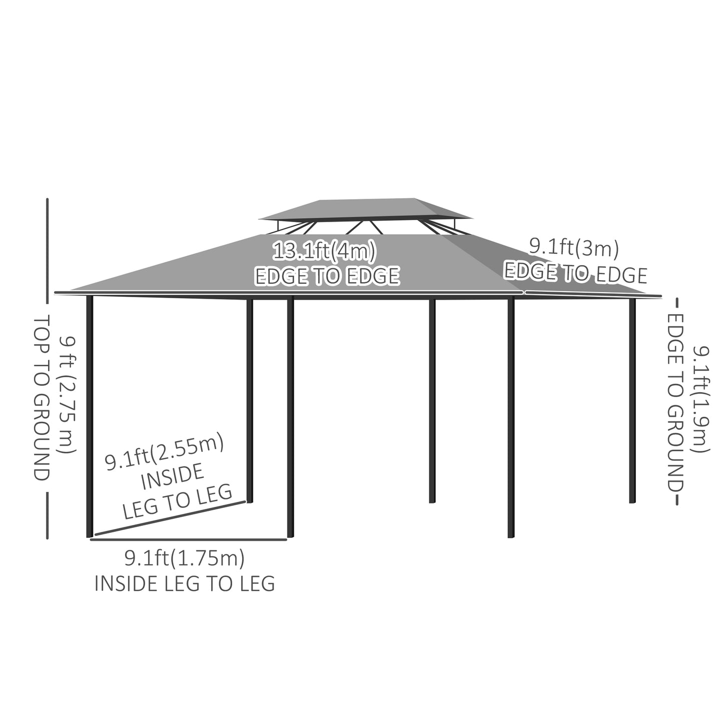 Gazebo de patio 2 niveaux 3 x 4 m avec rideaux