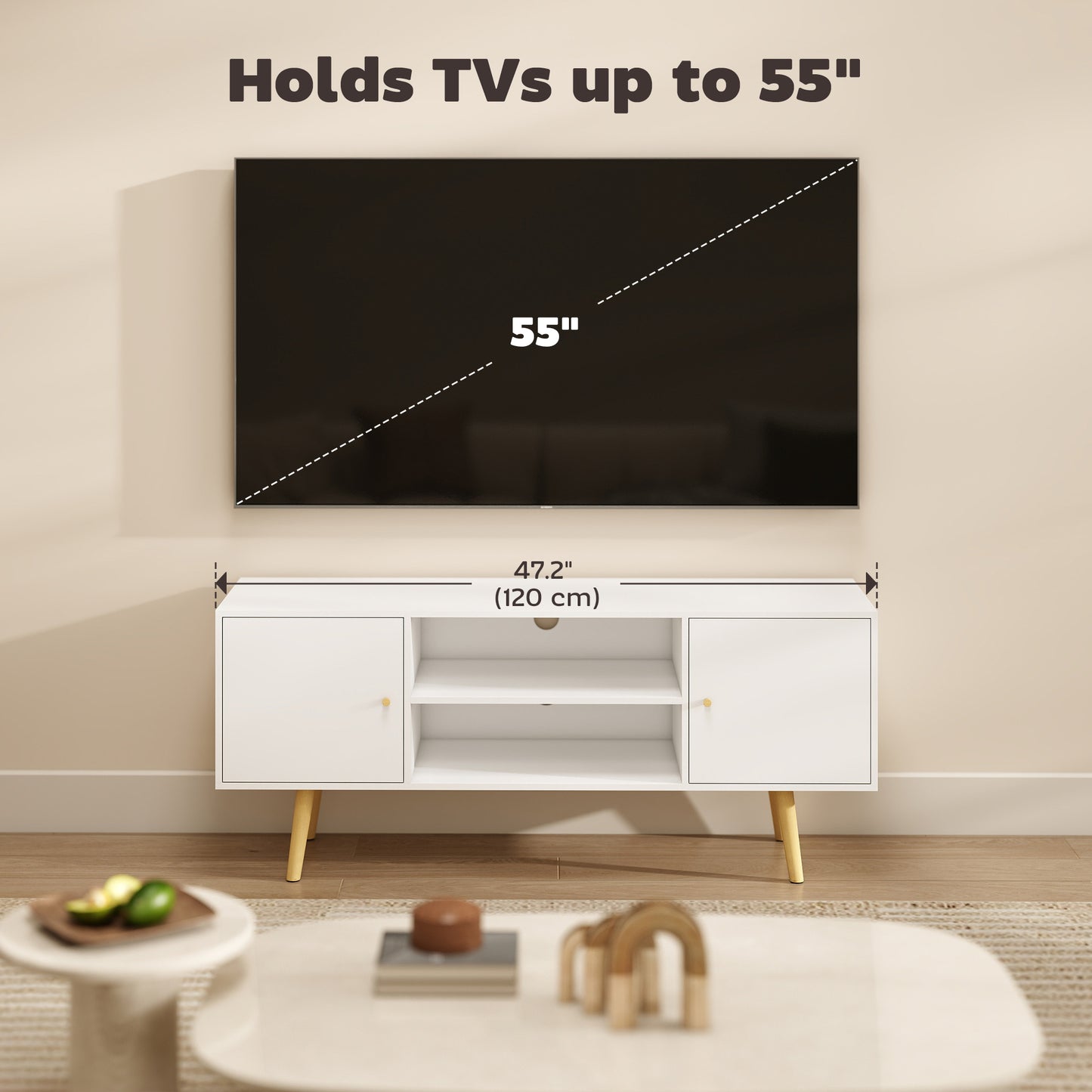Meuble télé rangement 55 pouces pattes bois