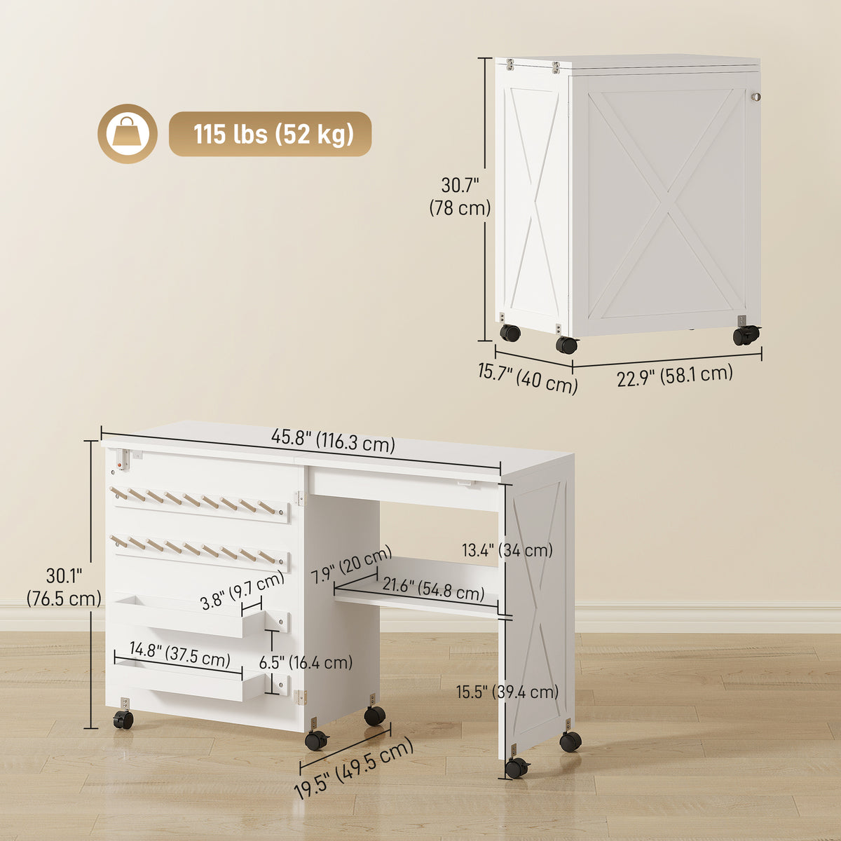Table de couture pliante avec rangement — blanc