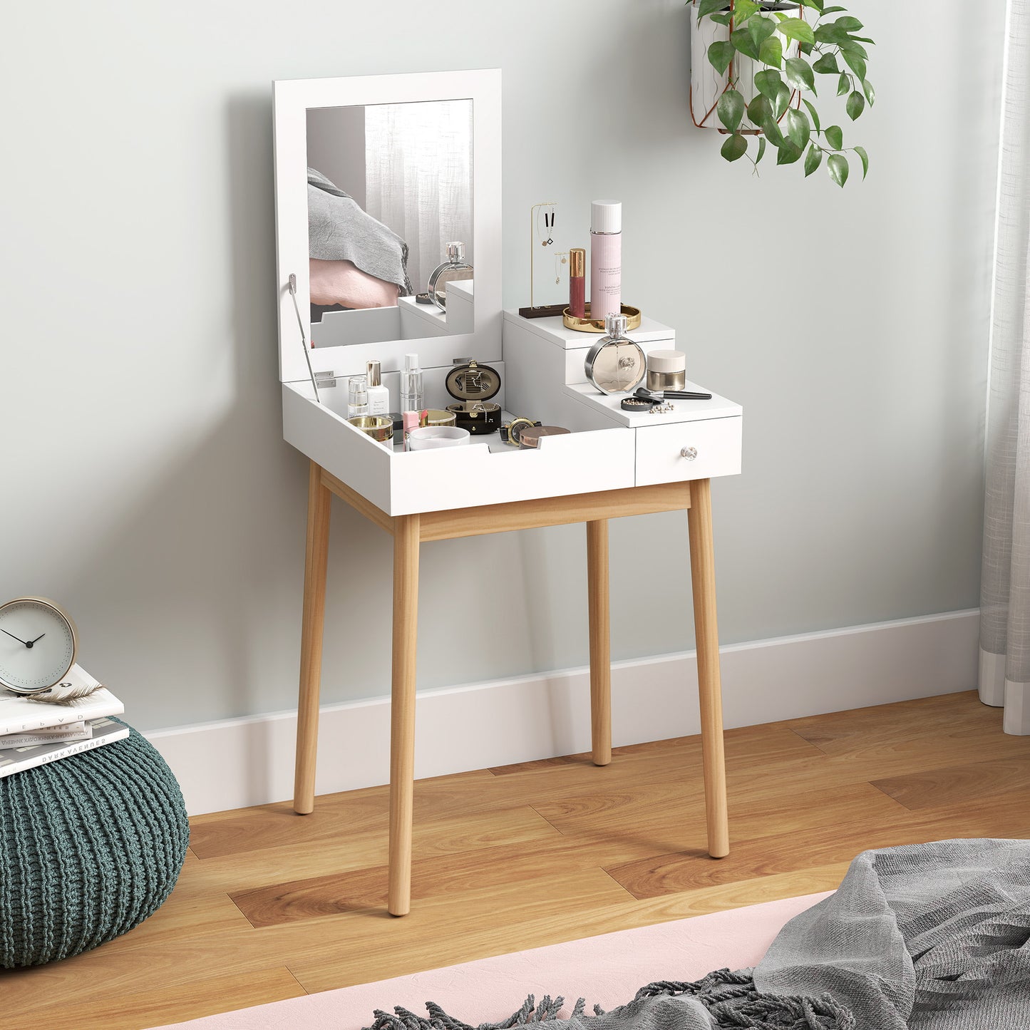 Coiffeuse avec miroir rabattable et tiroirs