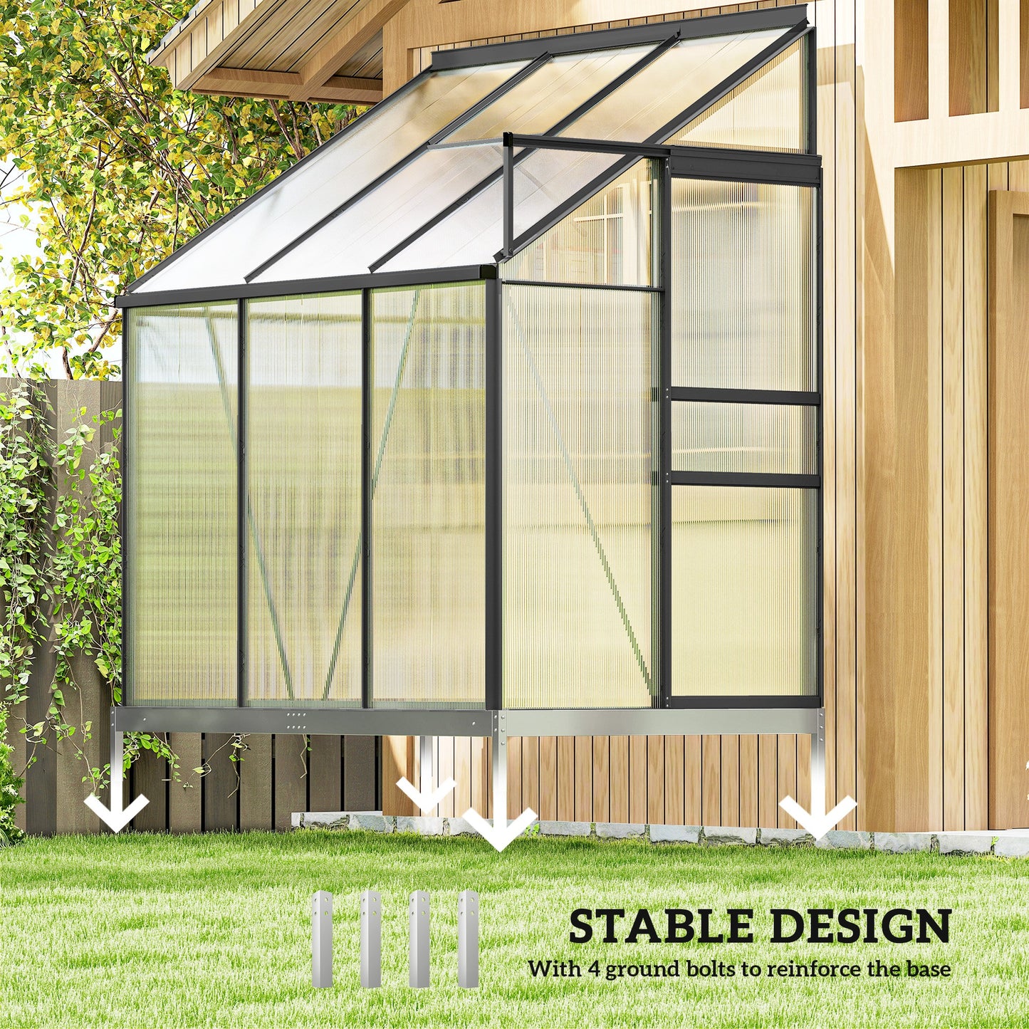  Lean-to Greenhouse Aluminium 192x127cm Polycarbonate Dark Grey
