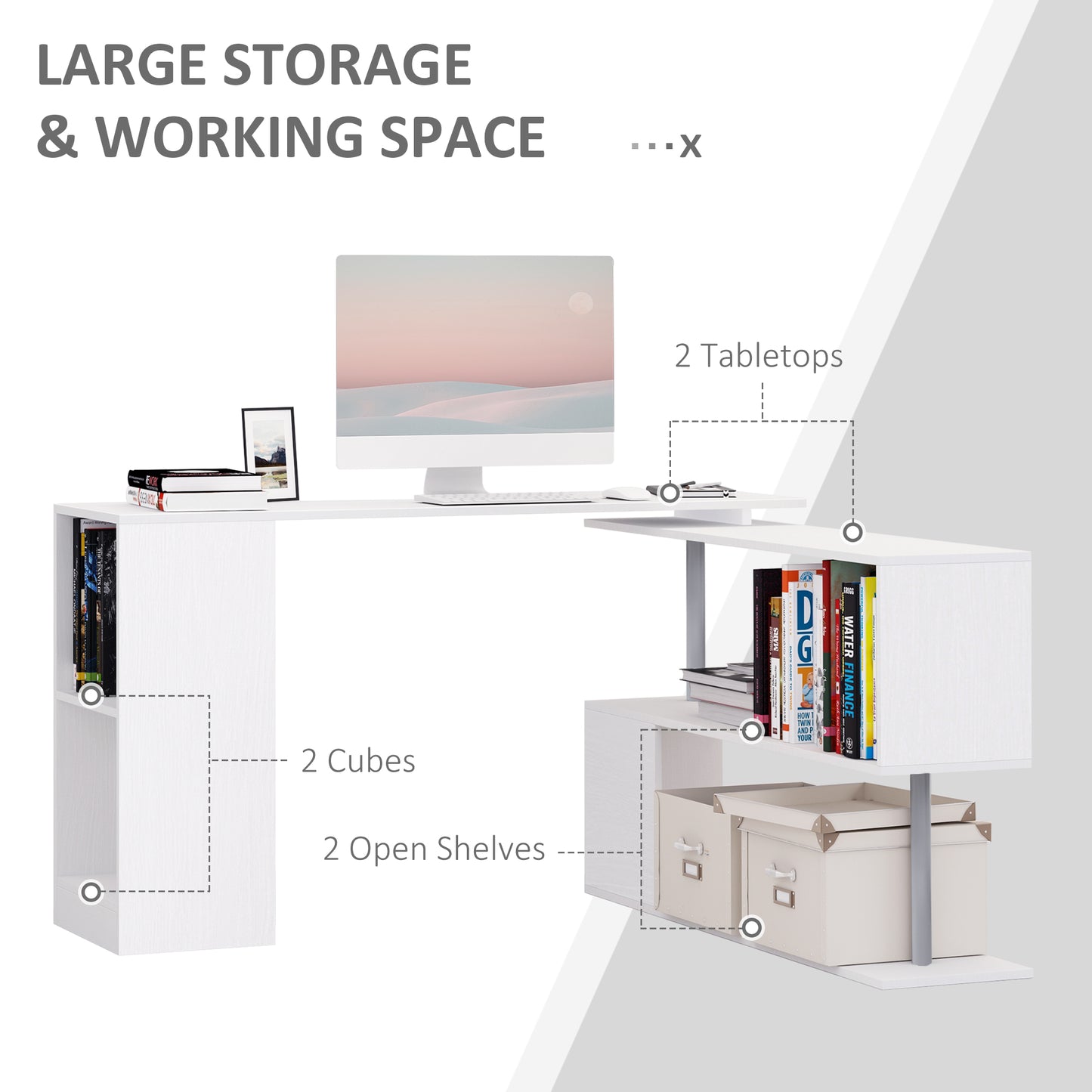 Bureau d'angle rotatif 360° avec étagères 3 niveaux