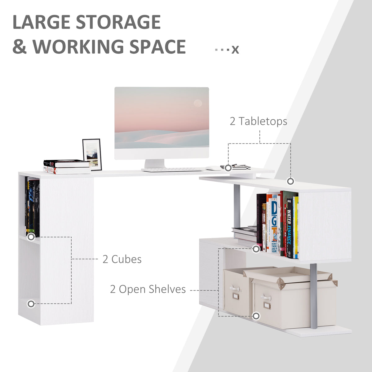 Bureau d'angle rotatif 360° avec étagères 3 niveaux