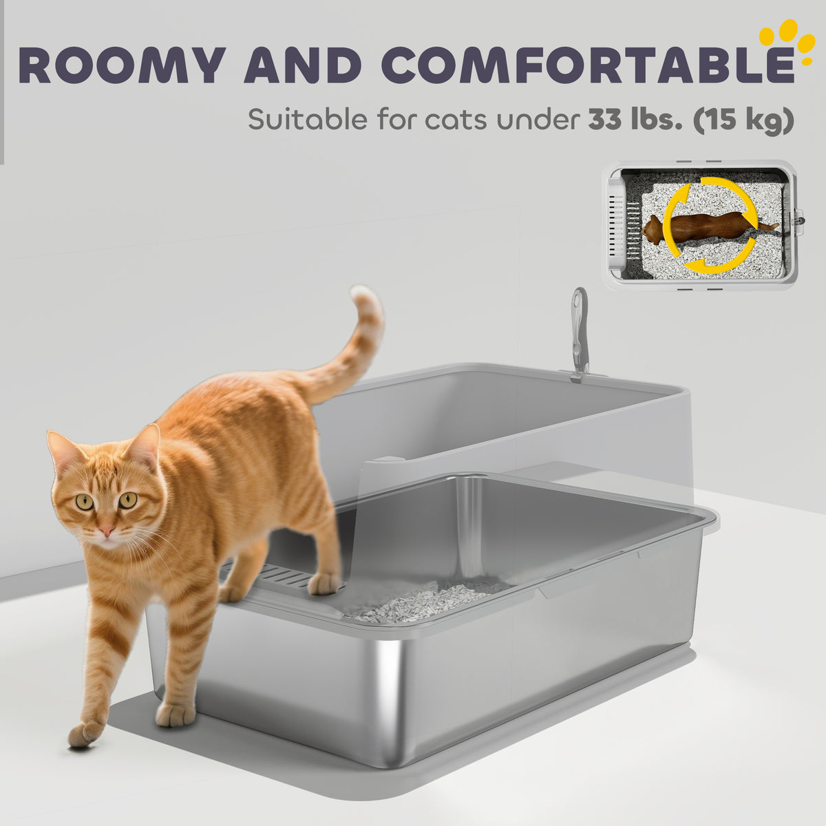 Bac à litière XL acier inoxydable pour chats — Gris