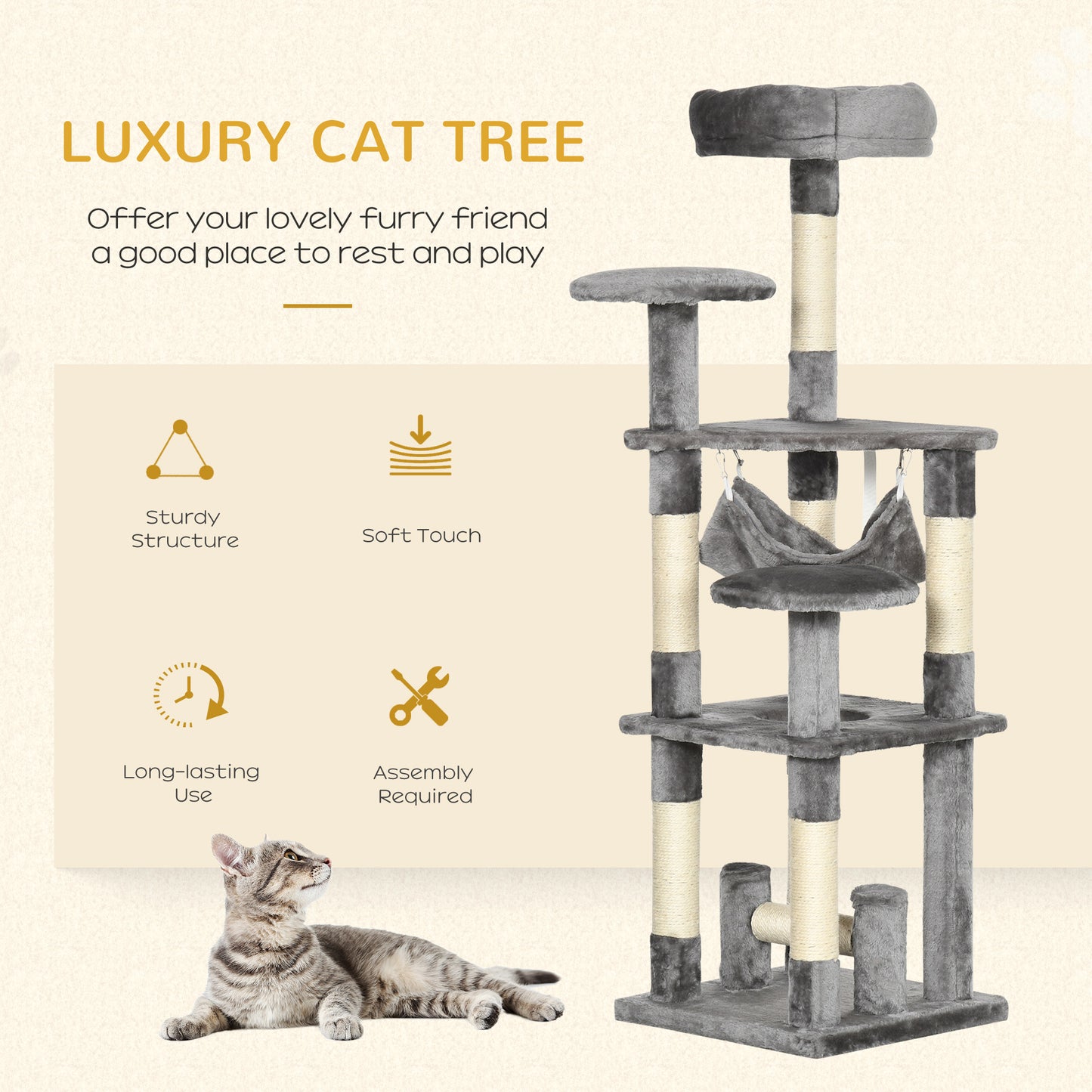 Tour à chat multi-niveaux 132 cm avec hamac
