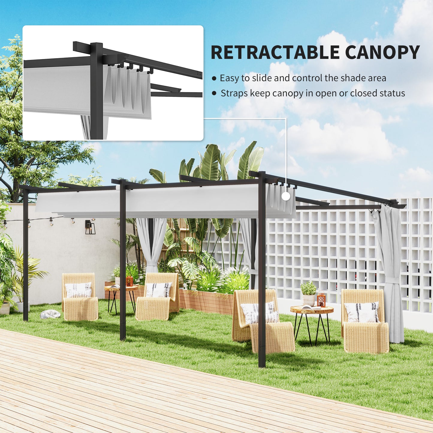 Pergola rétractable en métal avec rideaux latéraux