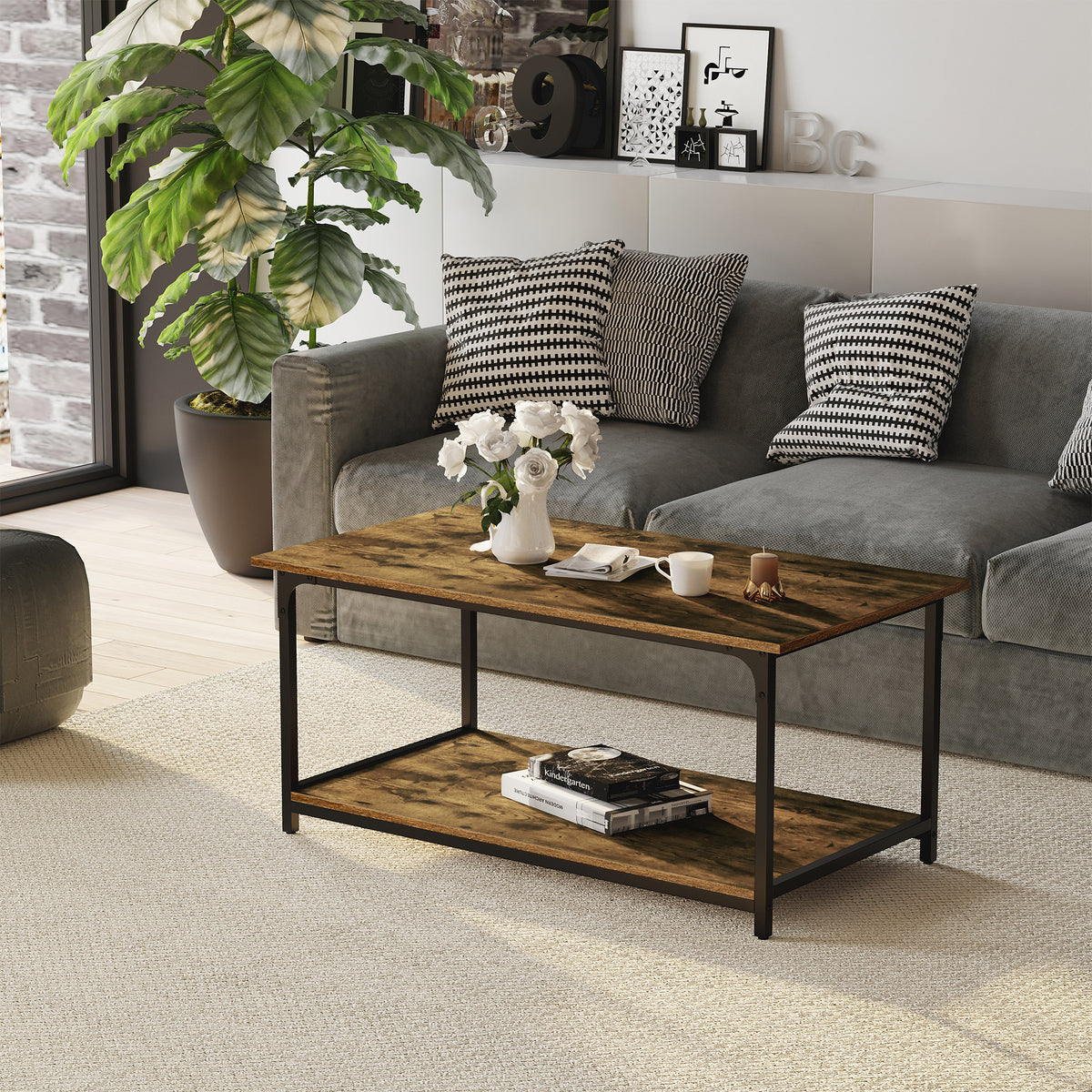 Table basse industrielle avec étagère de rangement
