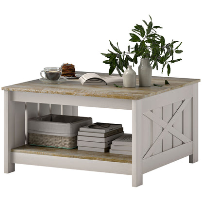 Table basse carrée style campagnard 2 niveaux 80 x 80 cm