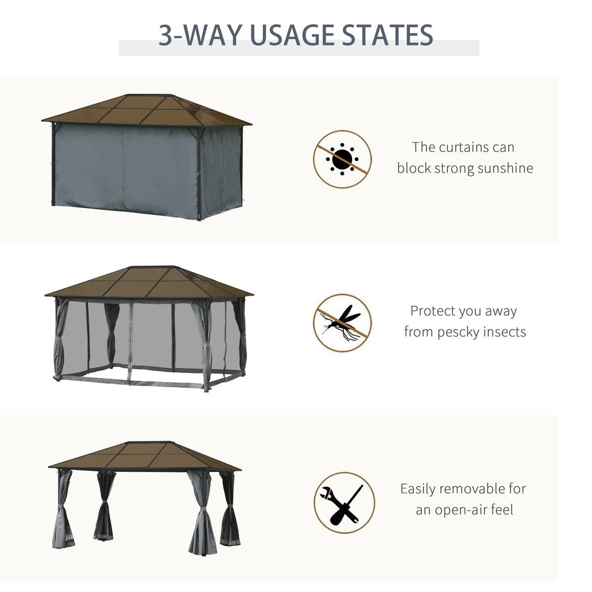 Gazebo aluminium toit rigide avec rideaux et moustiquaires
