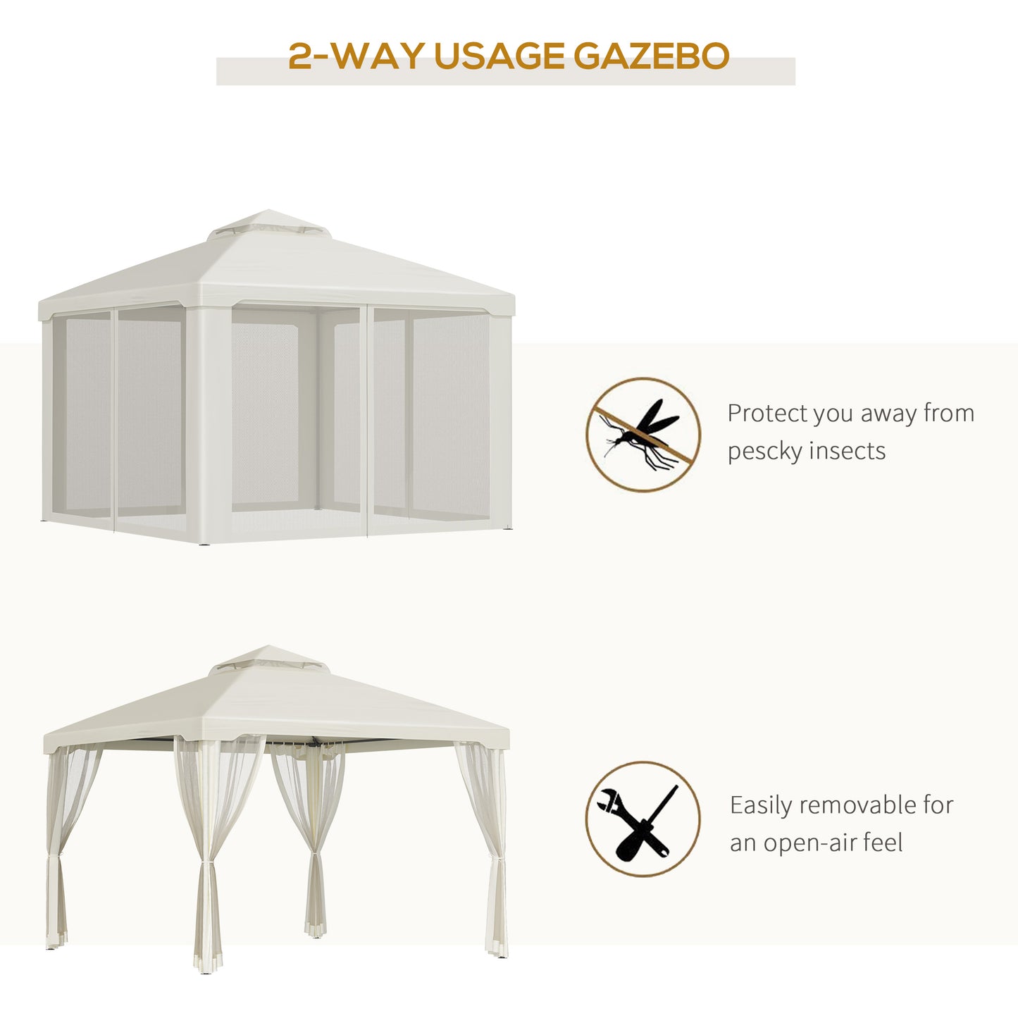 Gazebo patio toit double moustiquaire 2,9m x 2,9m