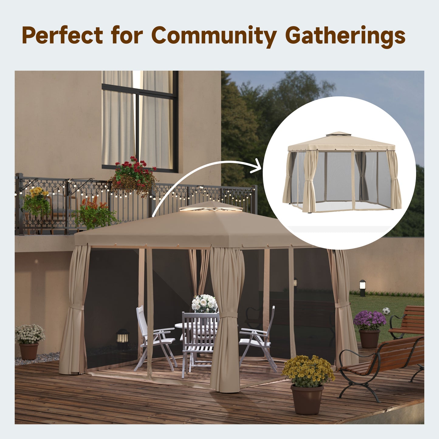 Gazebo de patio double toit avec rideaux et moustiquaire