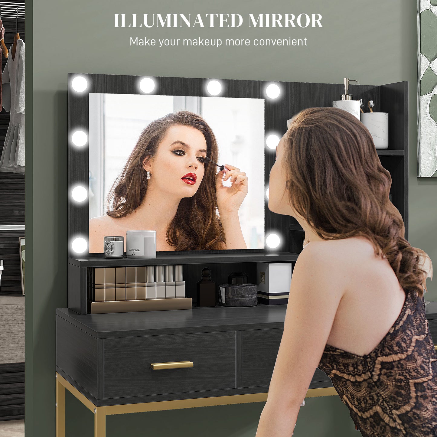 Coiffeuse illuminée avec miroir LED et 3 tiroirs