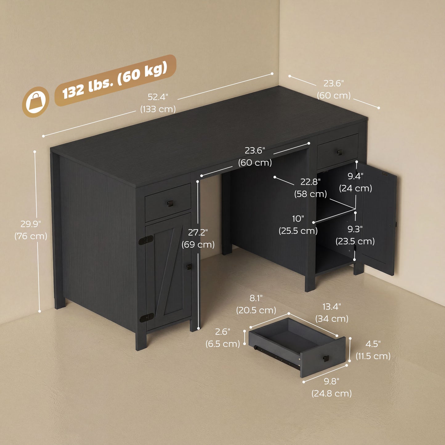 Bureau exécutif style fermette avec tiroirs et armoires