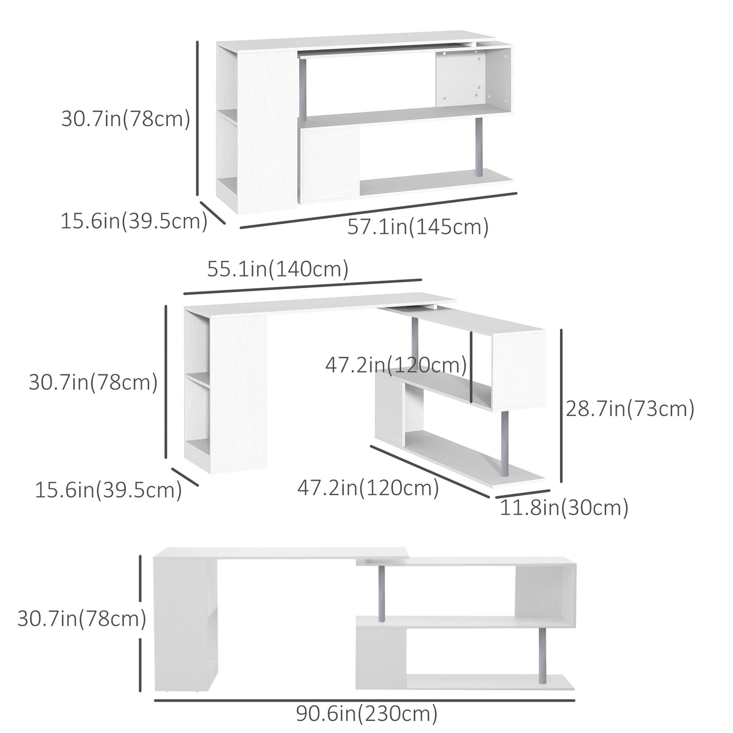 Bureau d'angle rotatif 360° avec étagères 3 niveaux