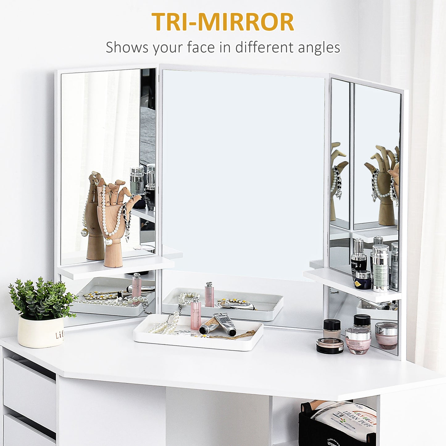 Table de maquillage d'angle miroir triptyque avec tiroirs