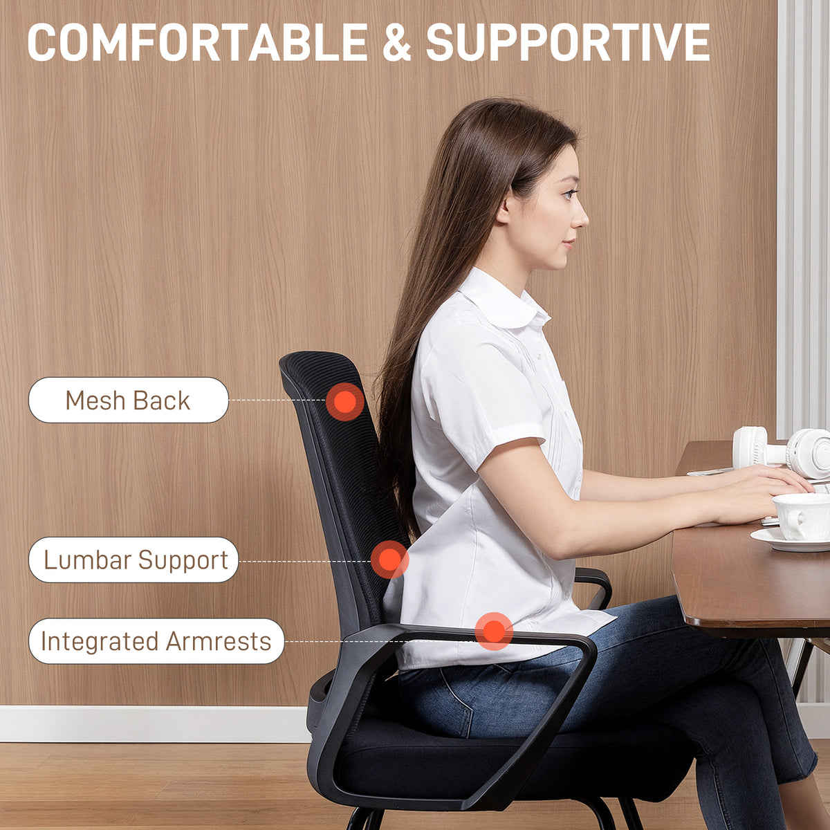 Chaise de bureau sans roulettes support lombaire mesh