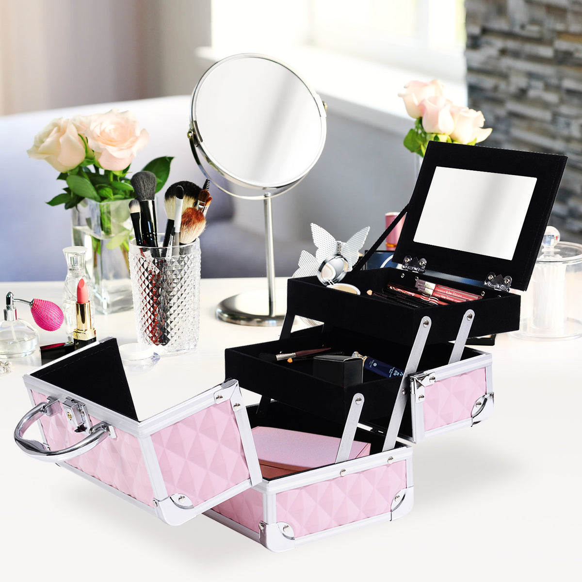 Mallette maquillage 3 étages miroir organisateur