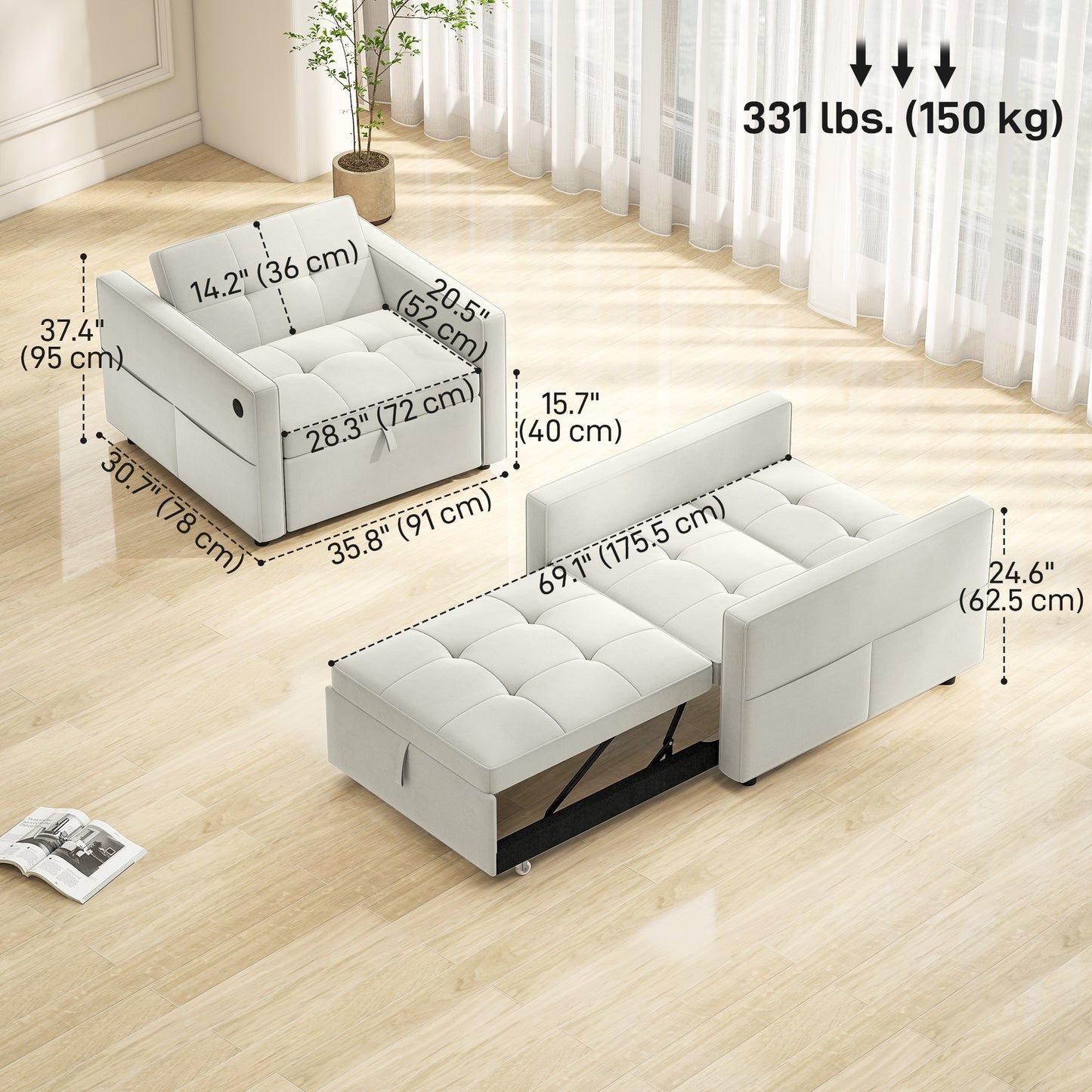 Fauteuil-lit convertible en velours avec USB