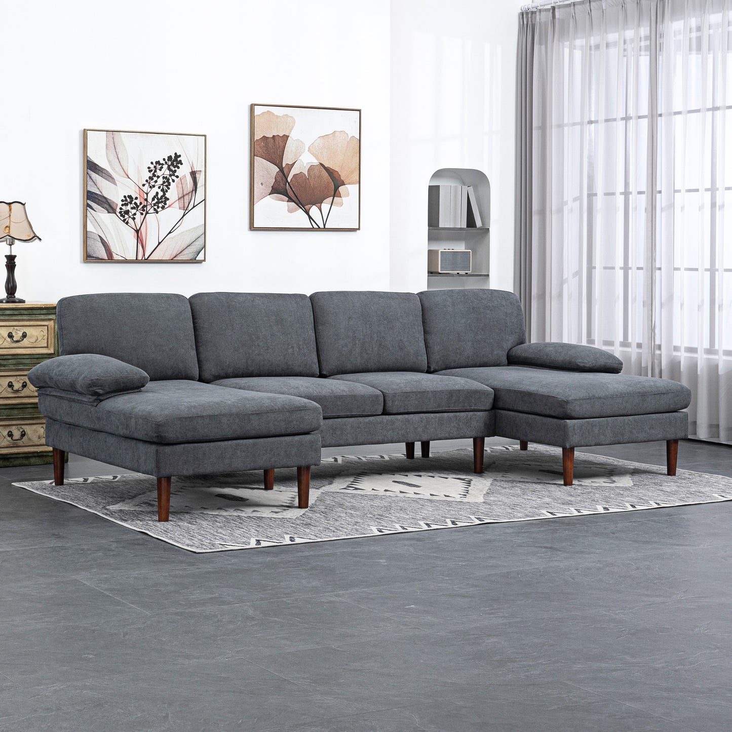 Sofa en U double méridienne 4 places — tissu lin