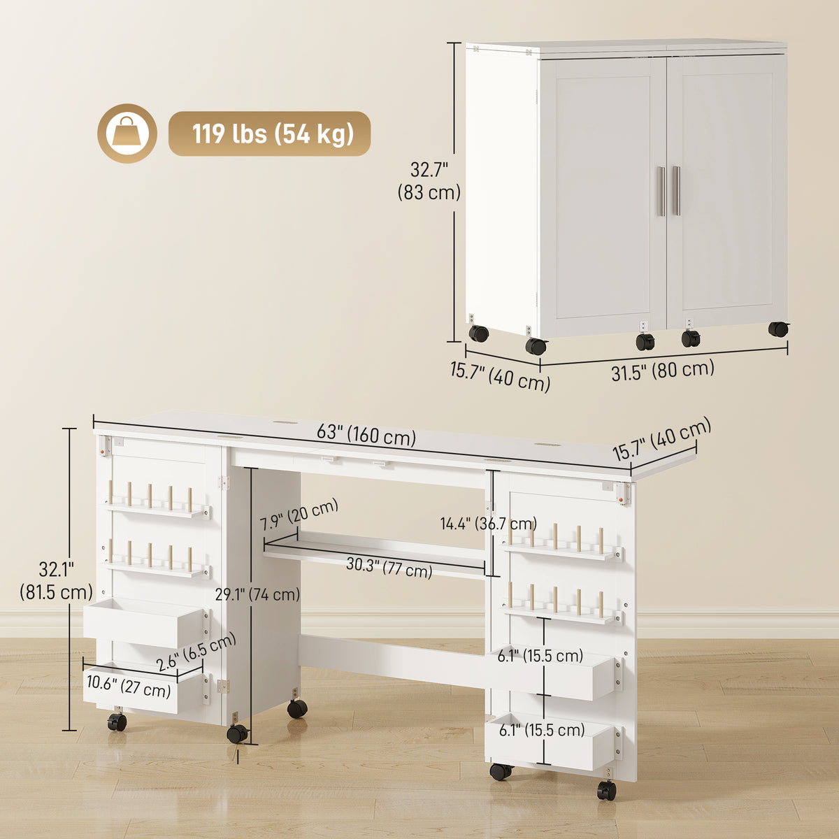 Table à coudre pliante avec rangement magnétique