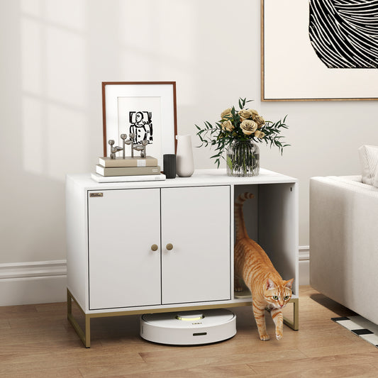 Meuble cache-litière pour chat design élégant sur pieds hauts