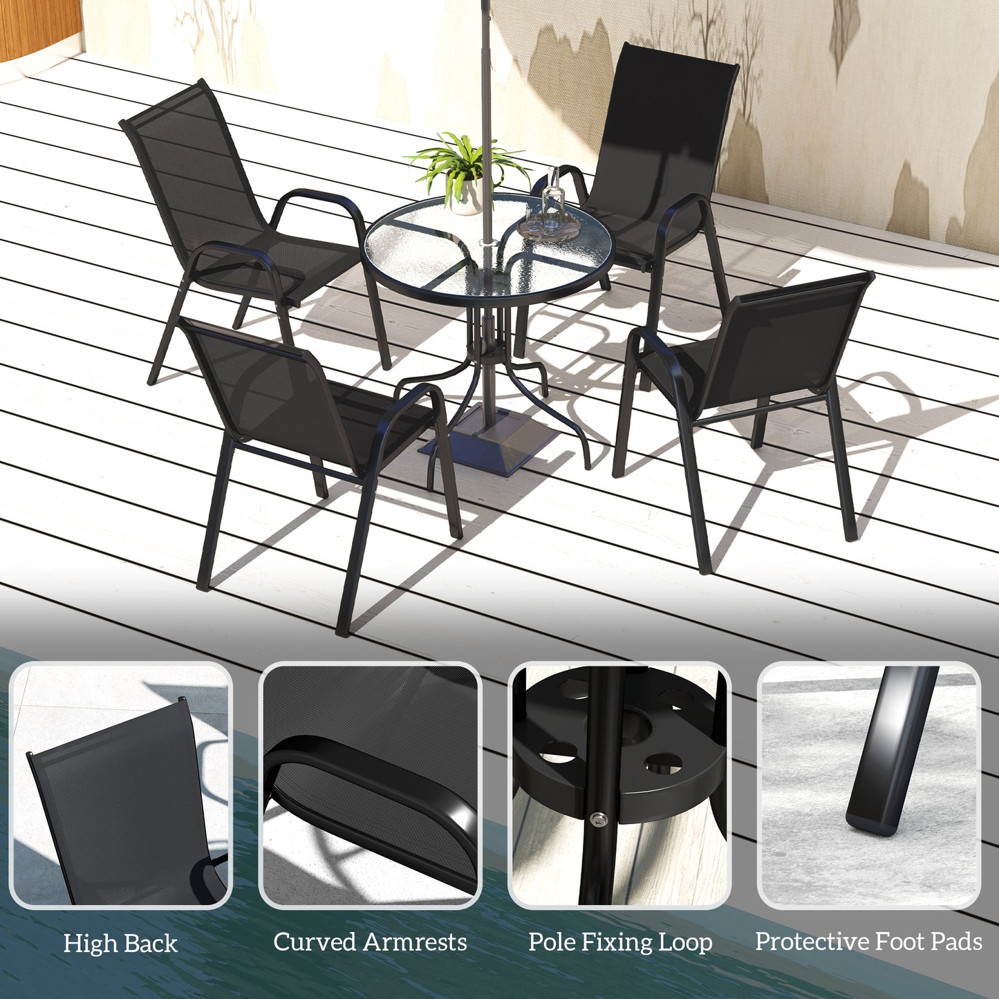 Ensemble de patio cinq pièces table ronde et chaises empilables