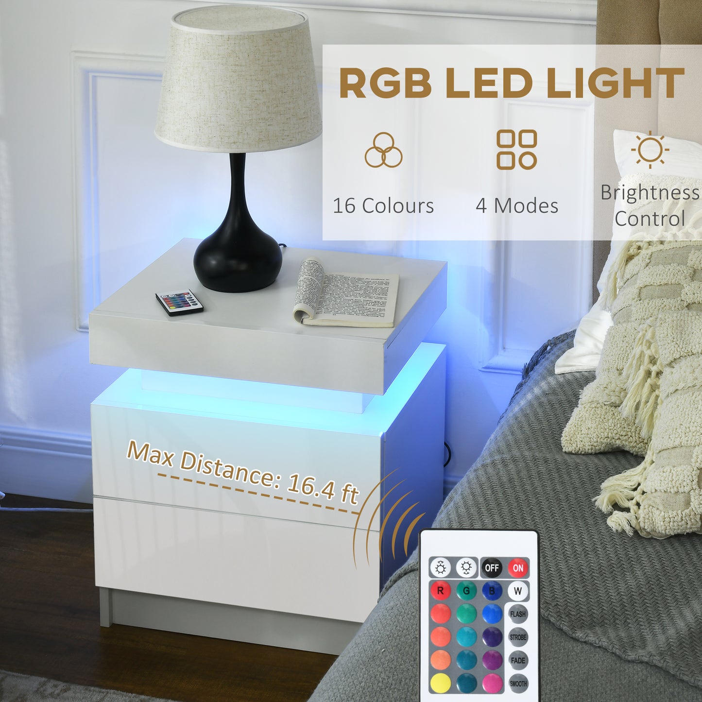 Table de nuit avec éclairage LED et 2 tiroirs