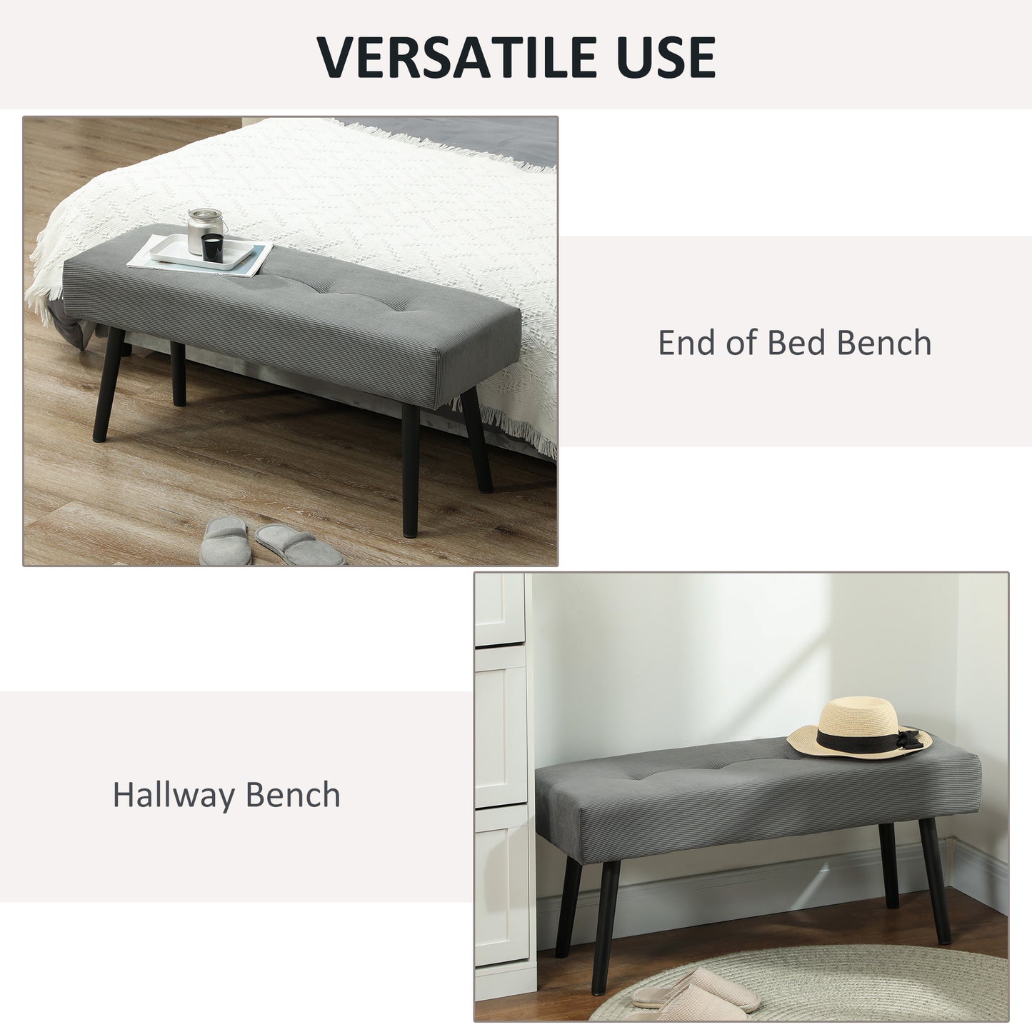 Banc capitonné en velours côtelé pieds en acier