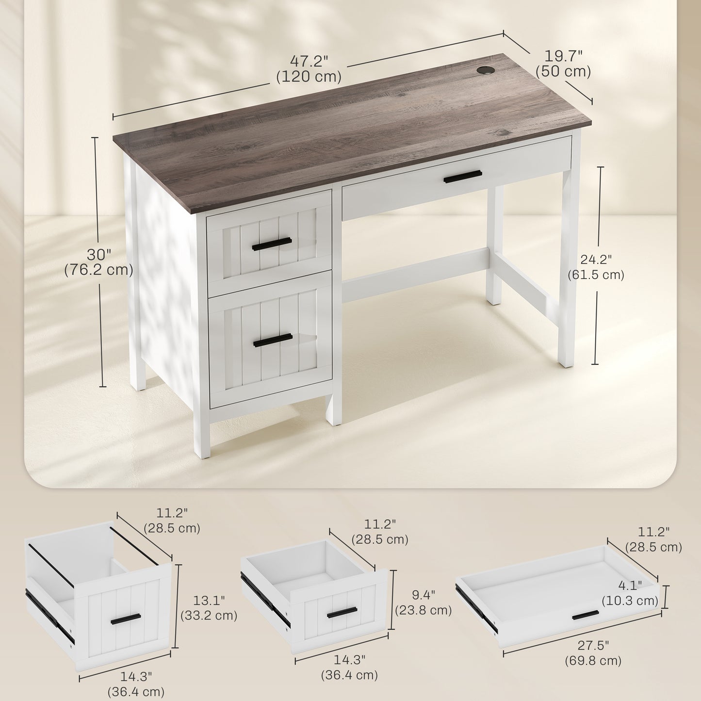 Bureau de travail farmhouse avec 3 tiroirs