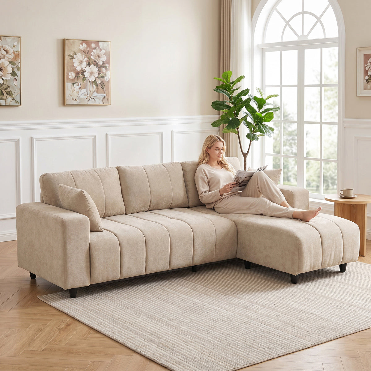 Causeuse sectionnel réversible 4 places tissu lin