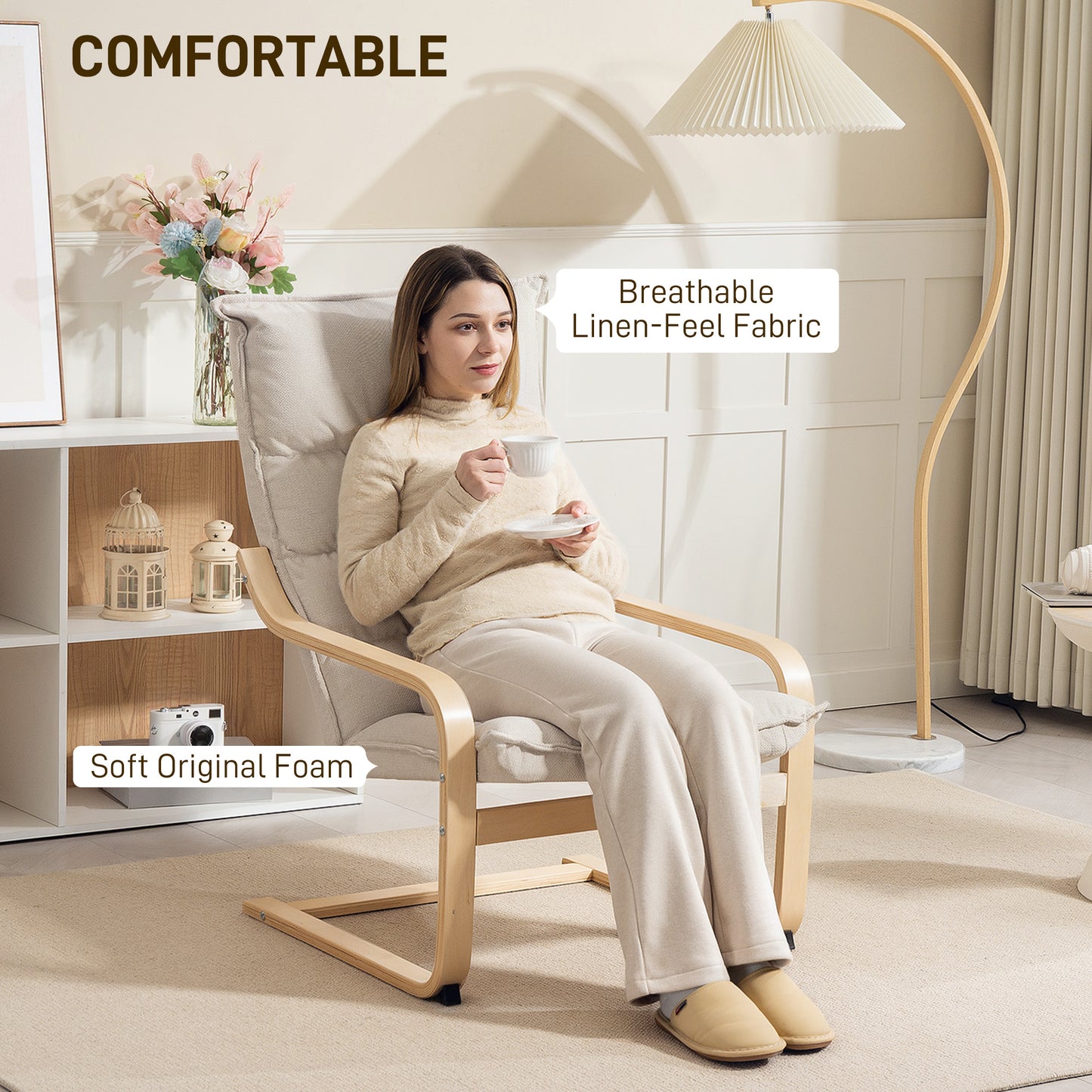 Fauteuil d'accent moderne avec accoudoirs en bois et mouvement berçant