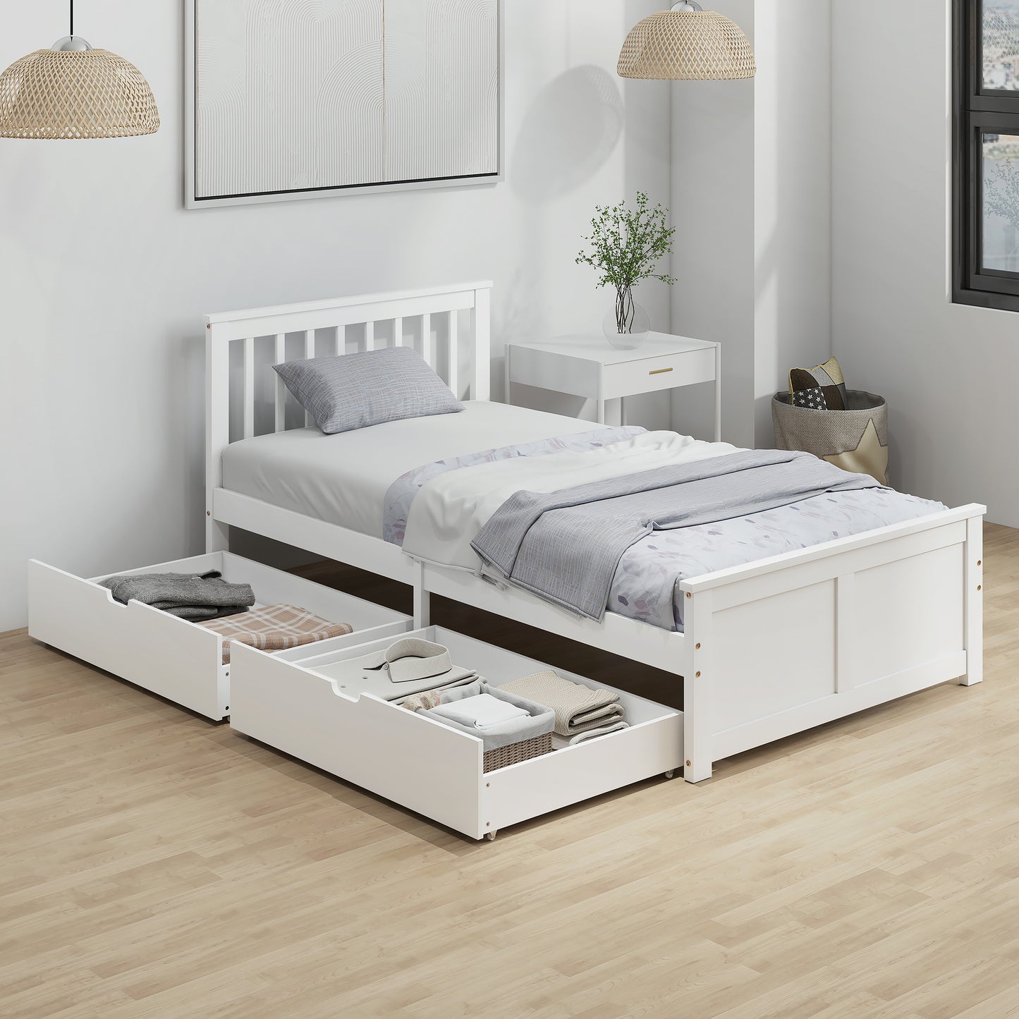 Cadre de lit simple en pin avec tiroirs