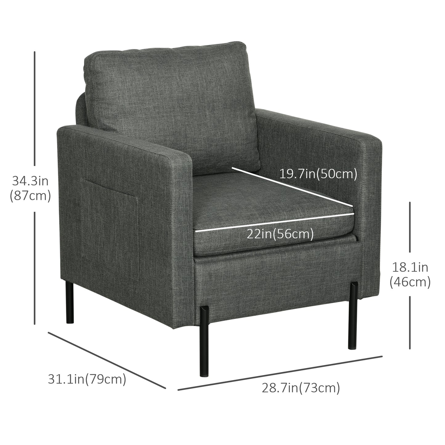 Fauteuil d'appoint rembourré avec poches latérales