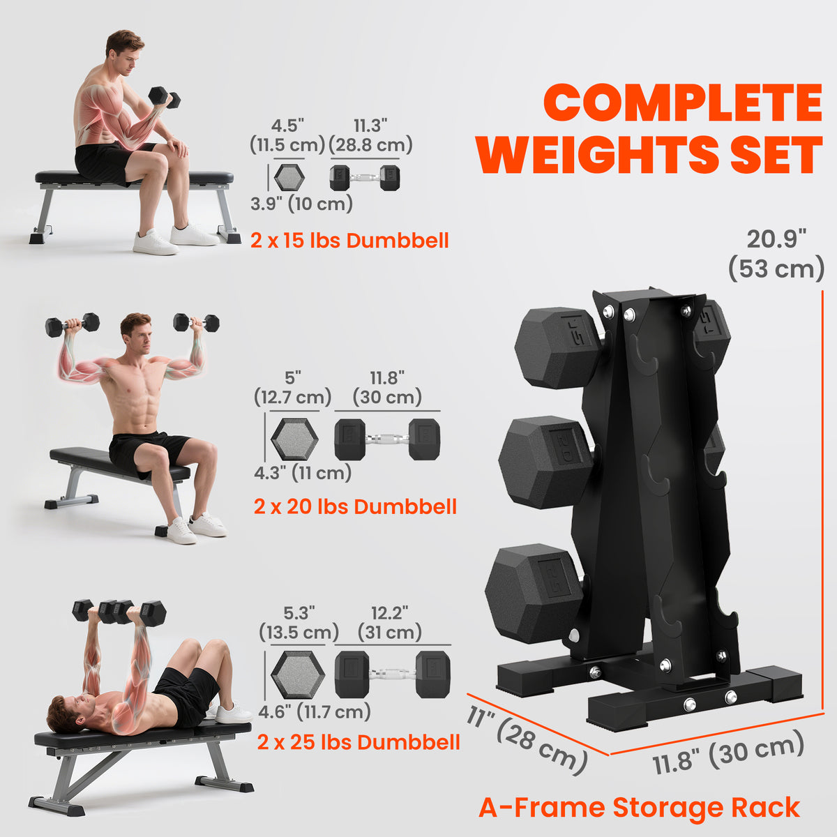 Ensemble d'haltères hexagonaux avec support vertical