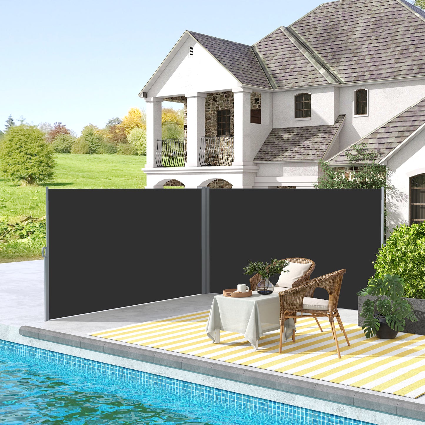 Parasol Rétractable Double 600cm Outsunny - Brise-Vue Patio Noir