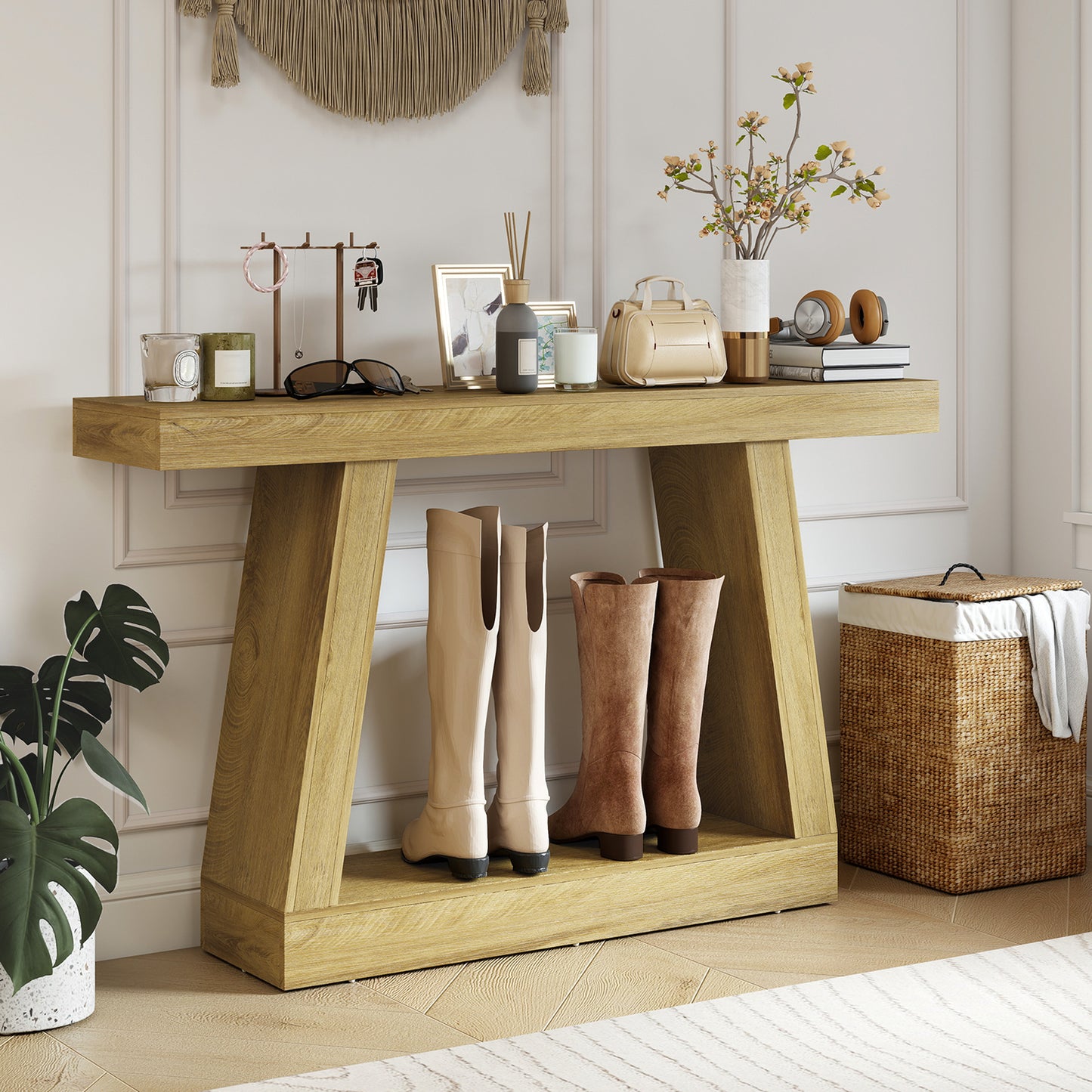 Table console rustique 2 niveaux avec rangement