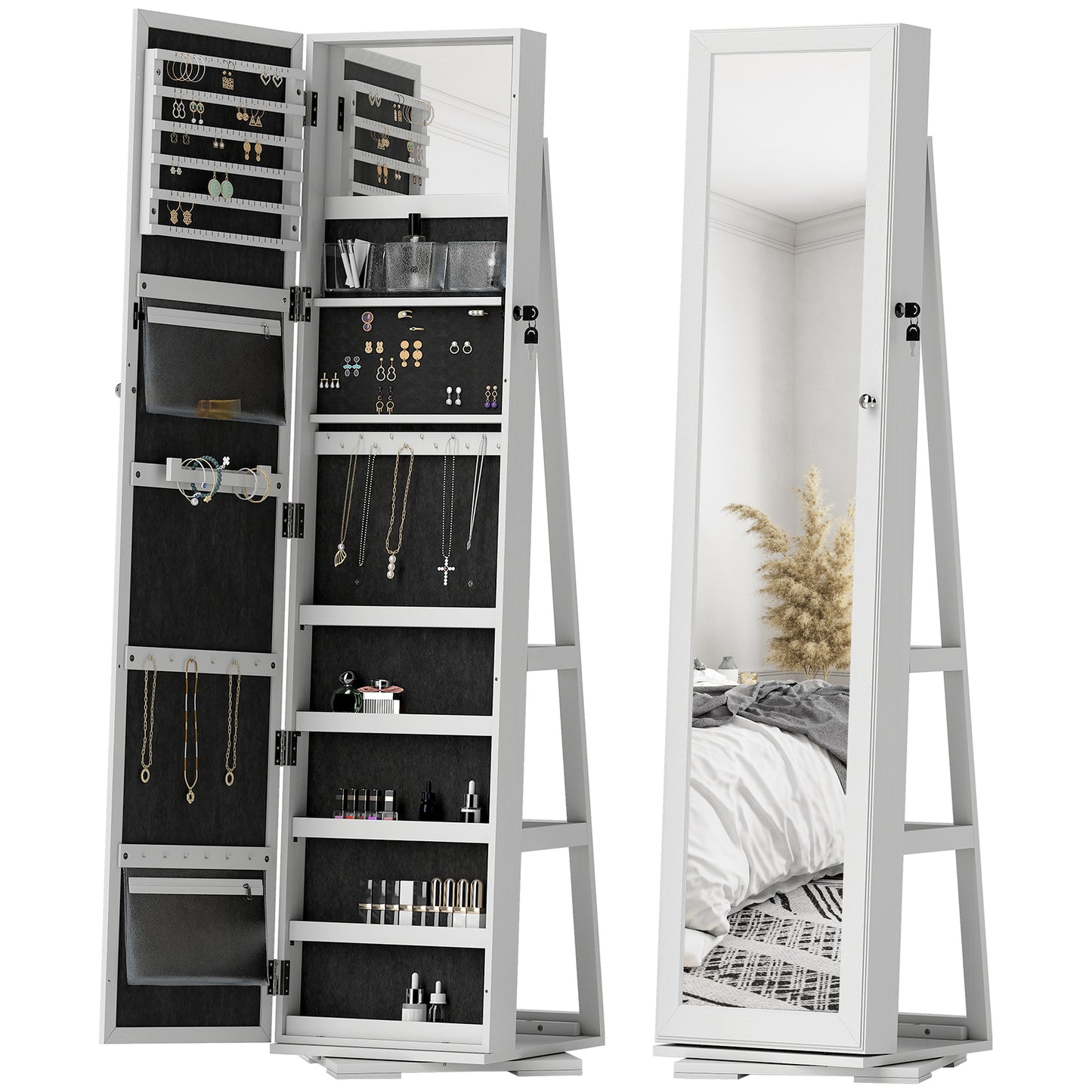Armoire à bijoux pivotante 360° avec miroir verrouillable