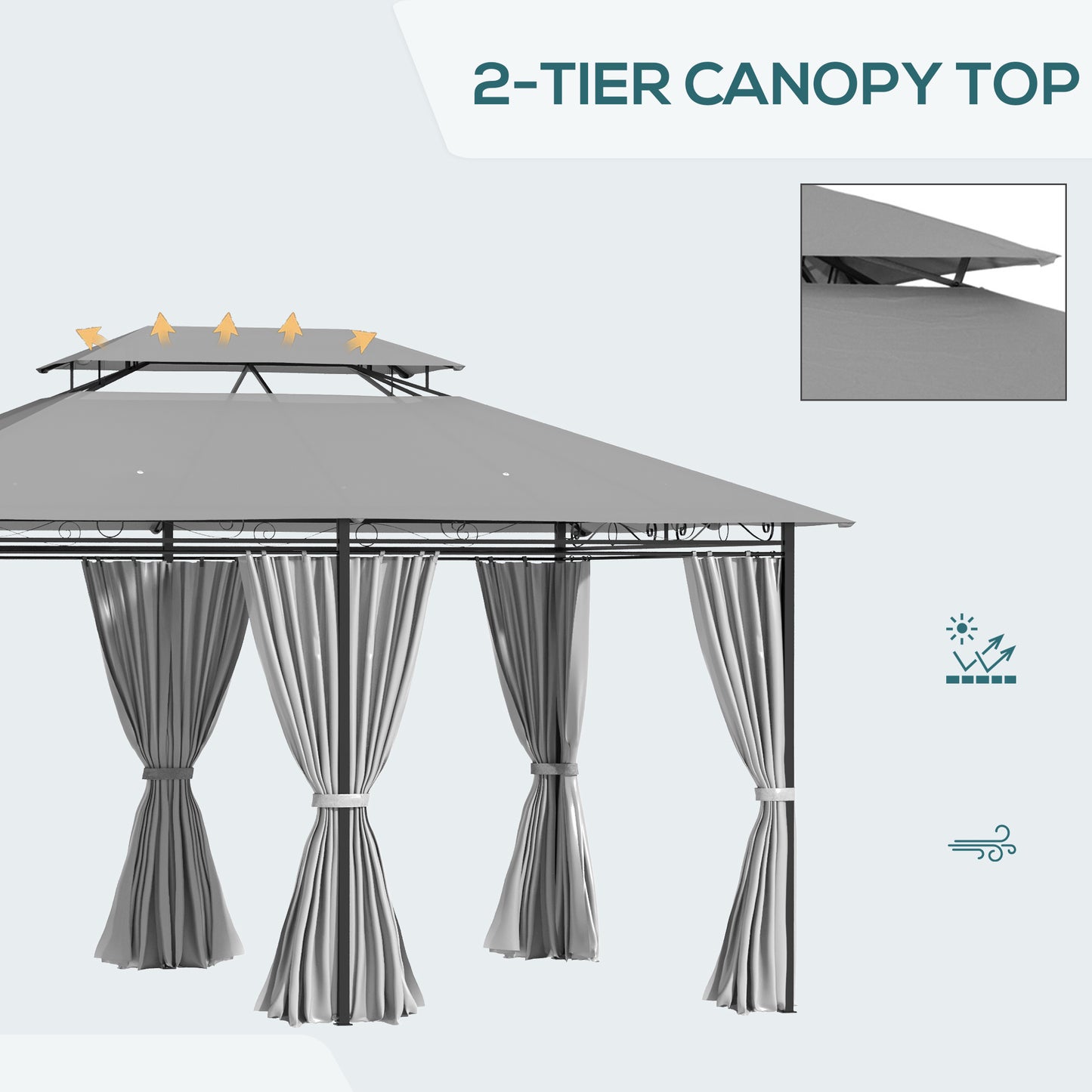 Gazebo de patio 2 niveaux 3 x 4 m avec rideaux