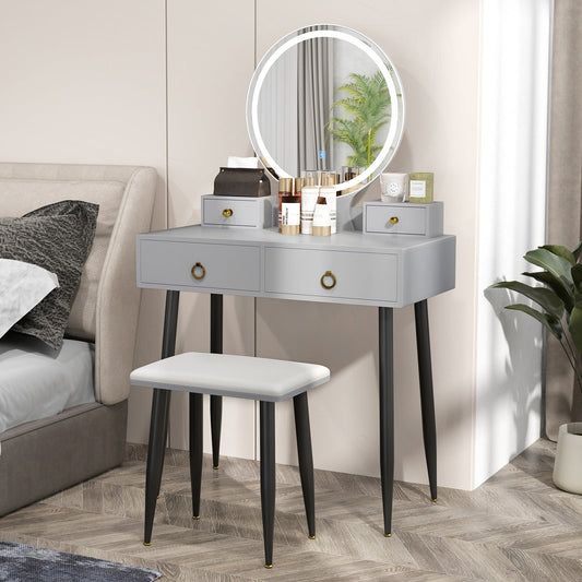 Coiffeuse 4 tiroirs avec miroir DEL 3 couleurs et tabouret