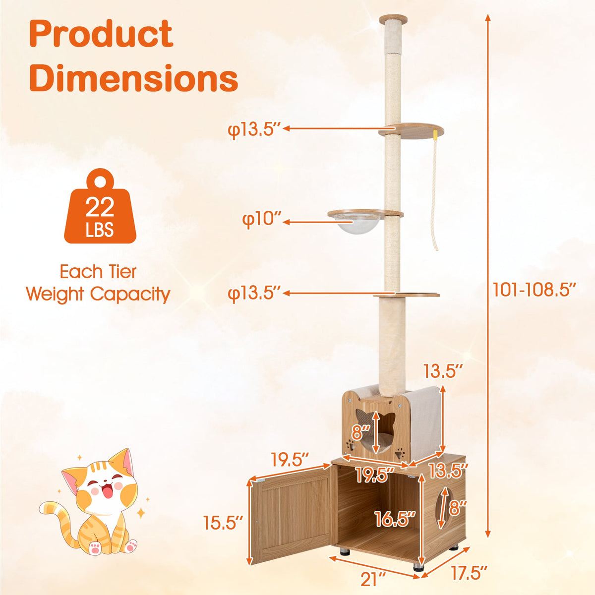 Arbre à chat du plancher au plafond réglable de 256 à 276 cm