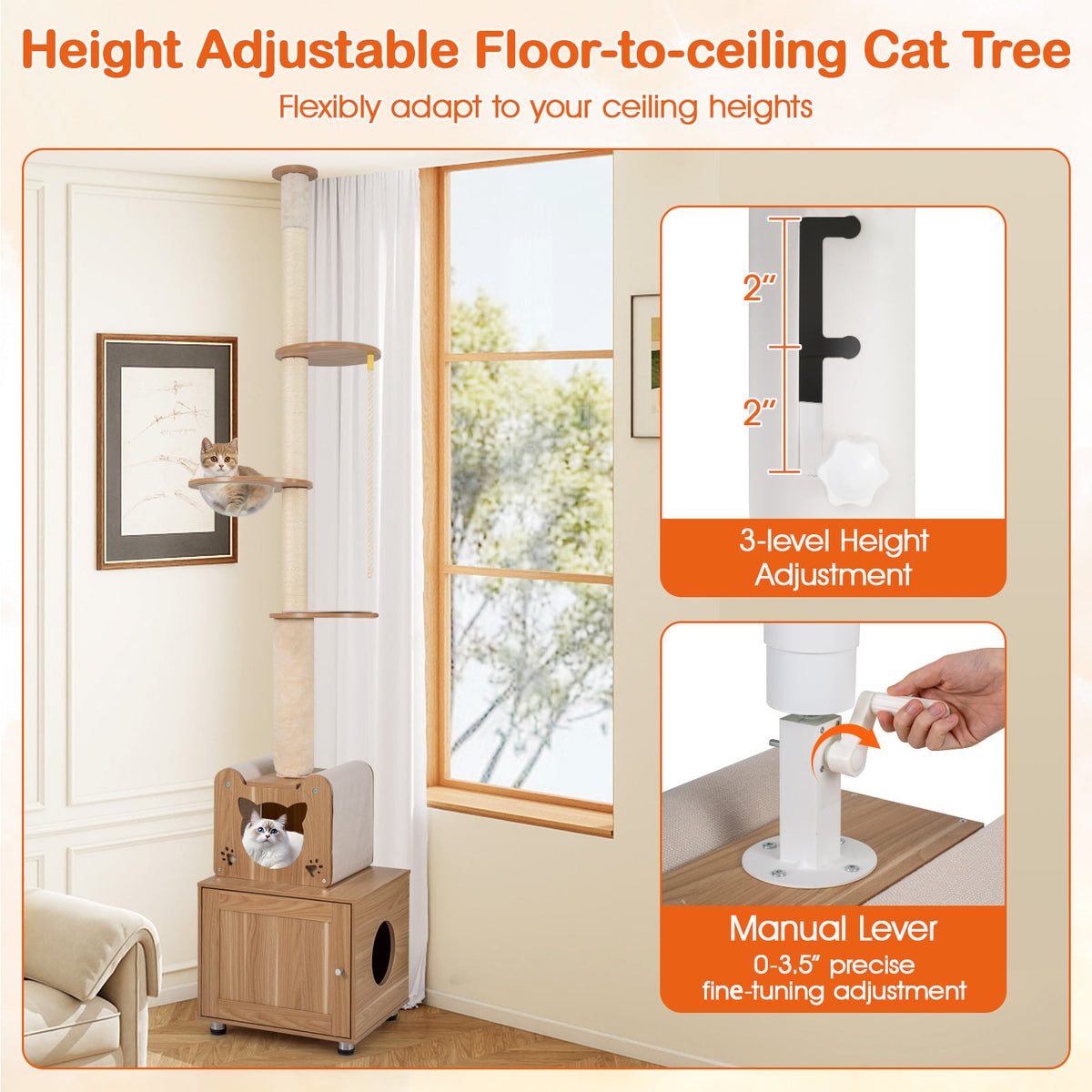 Arbre à chat du plancher au plafond réglable de 256 à 276 cm