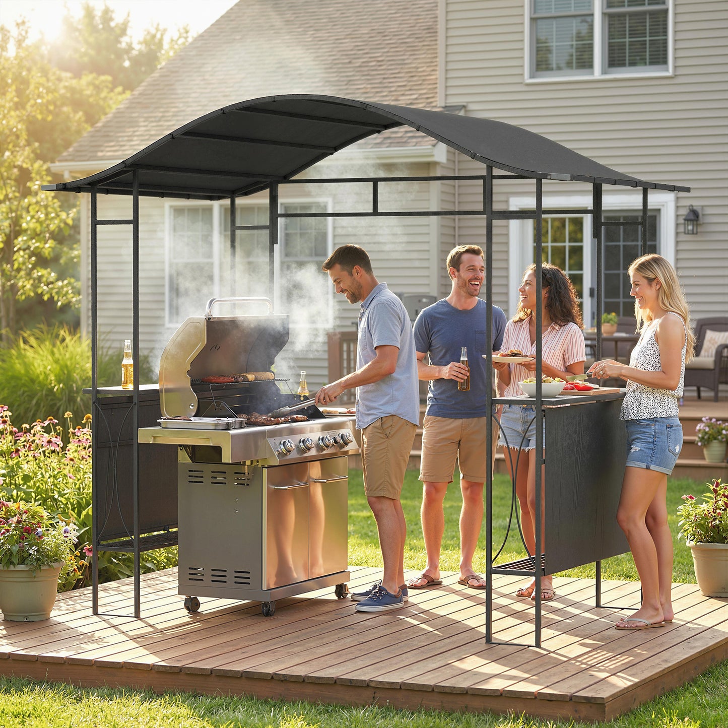 Gazebo BBQ avec 2 tablettes latérales 253 x 150 cm
