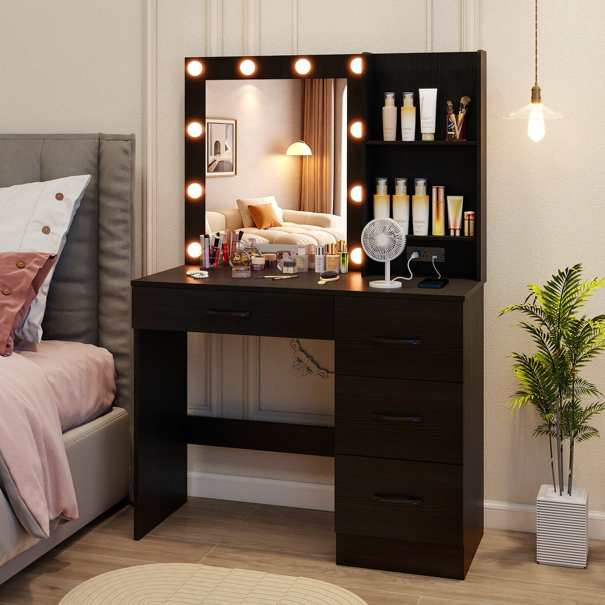 Coiffeuse lumineuse avec miroir et prises de courant