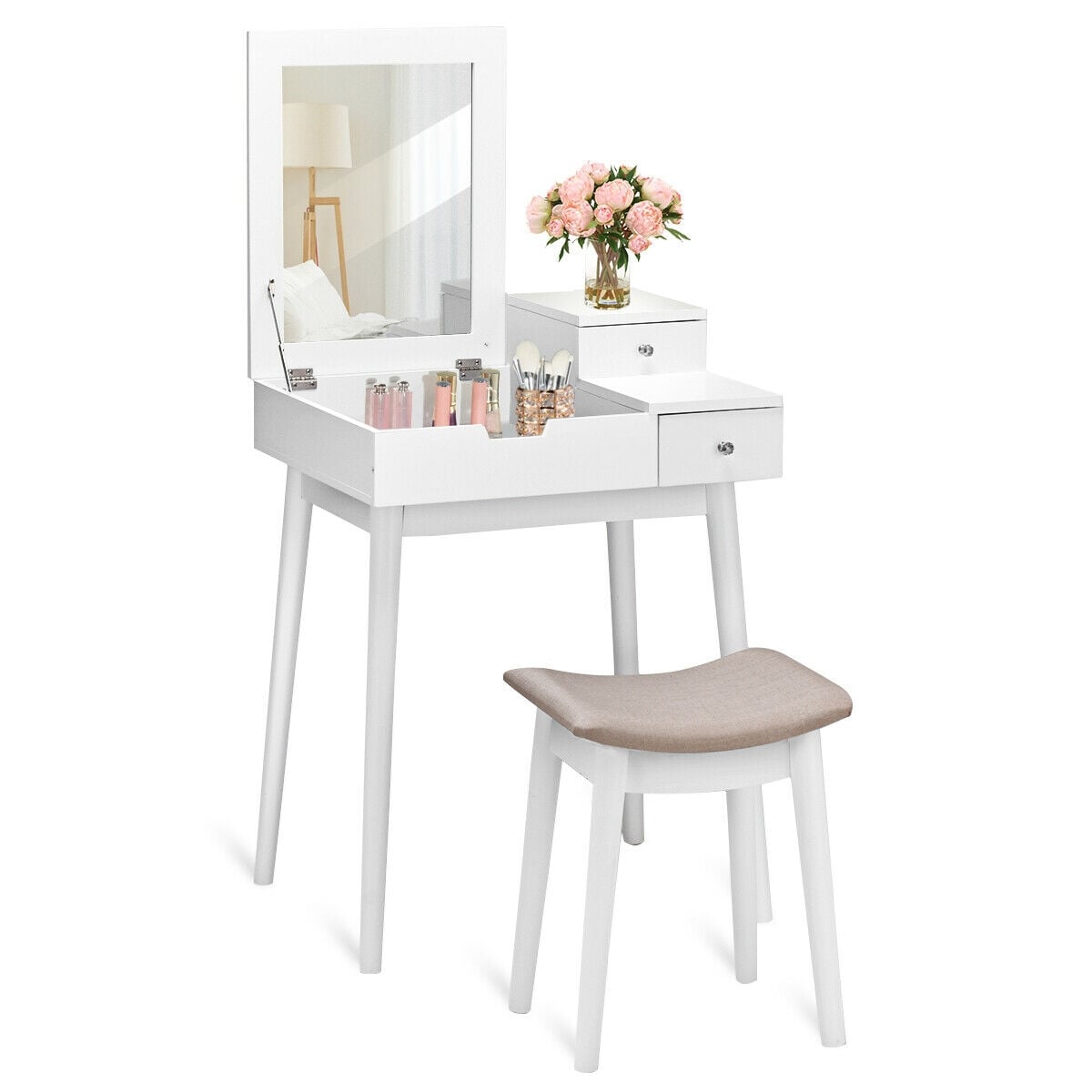 Coiffeuse avec miroir rabattable et tabouret